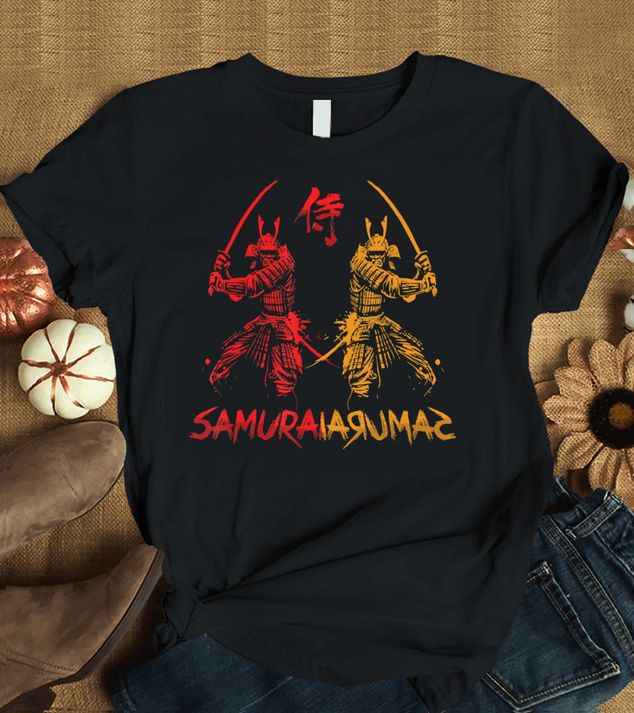 Samurai Warriors in Red and Yellow with Japanese Kanji T-Shirt