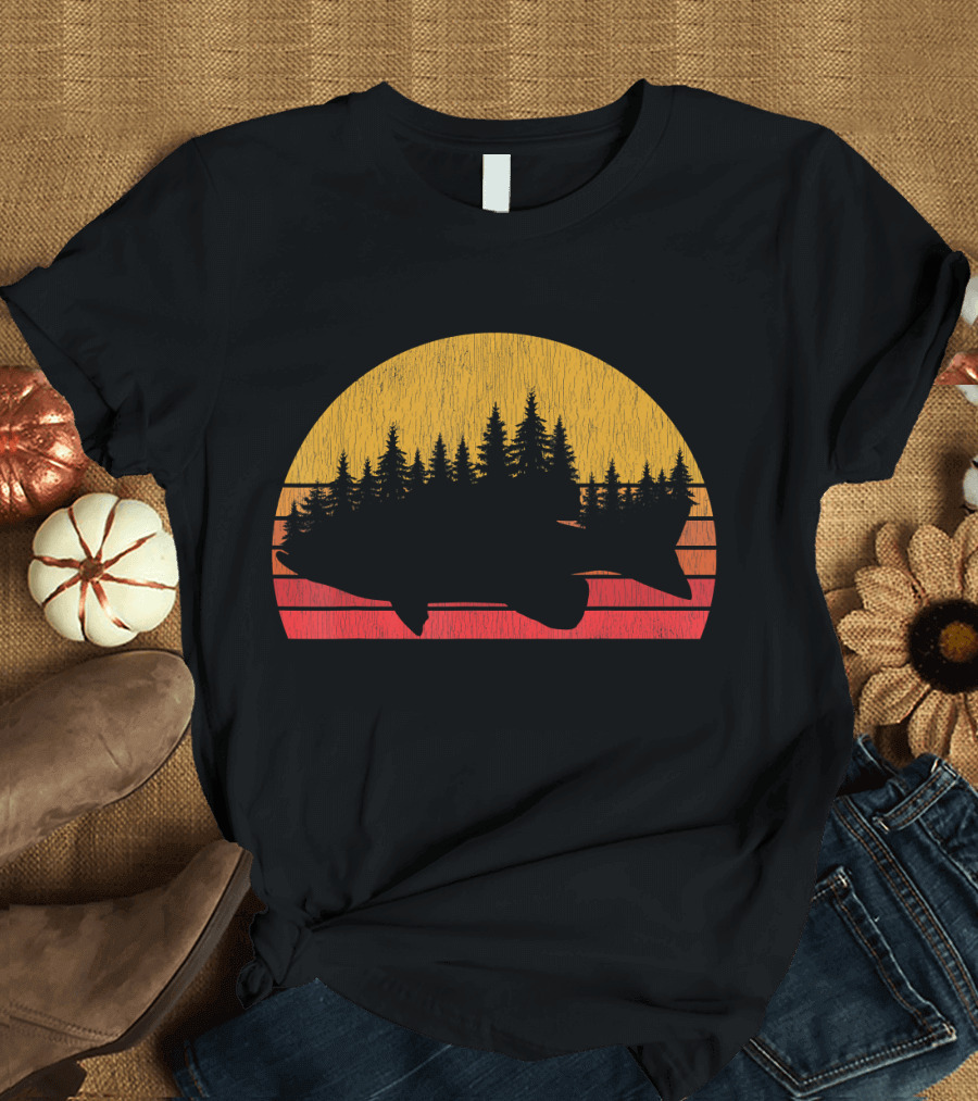 Bass Fishing Forest Retro Largemouth Fisherman Vintage Sunset T-Shirt