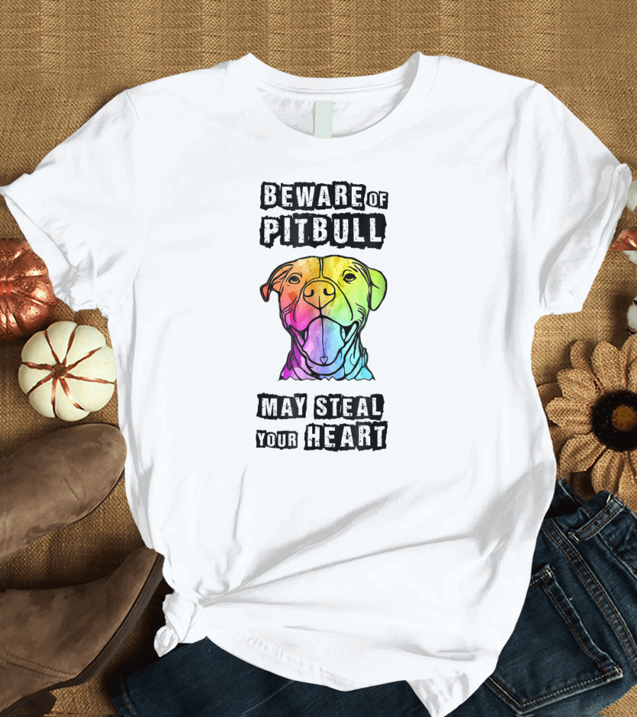 Beware of Pitbull May Steal Your Heart Rainbow Dog T-Shirt