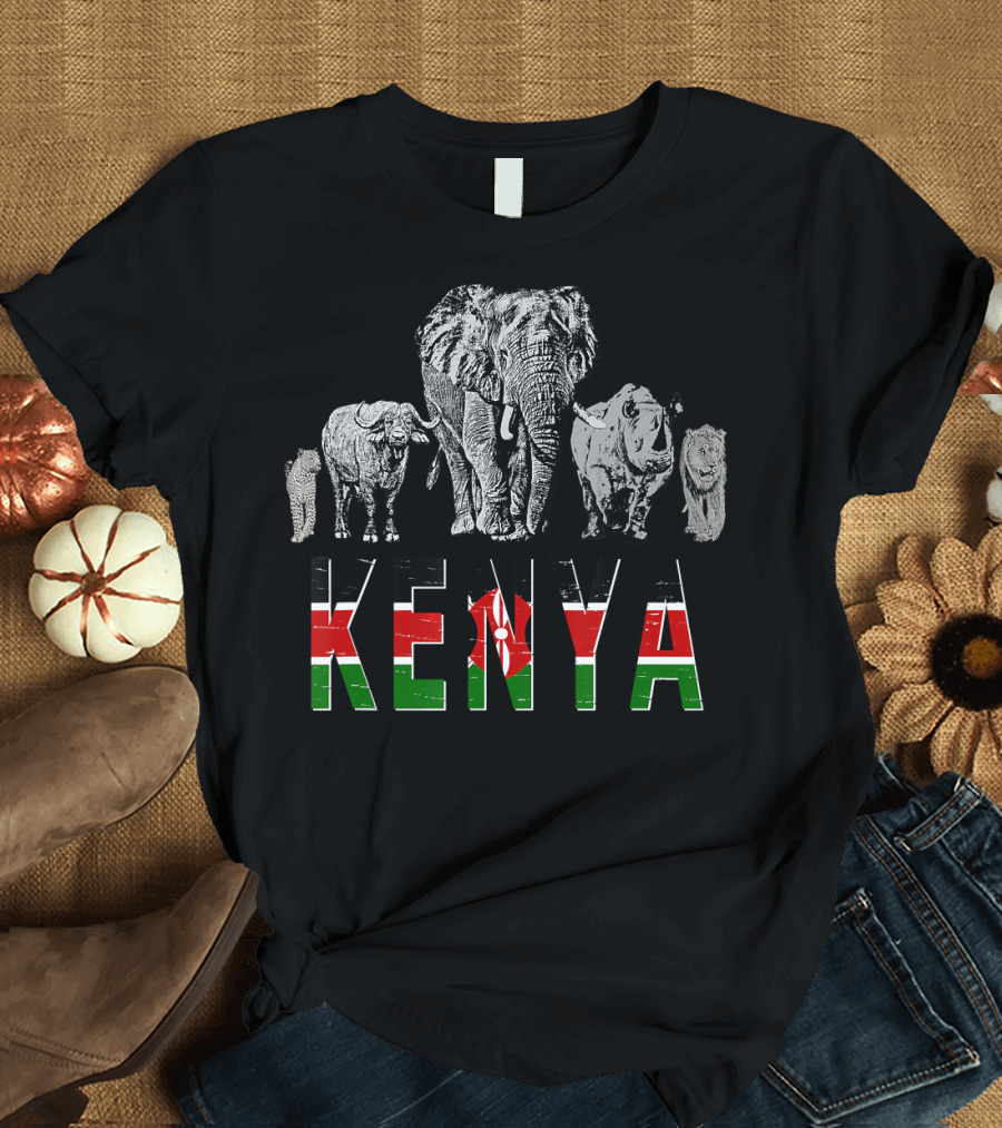 Kenya Big Five Wildlife Pride with Flag T-Shirt