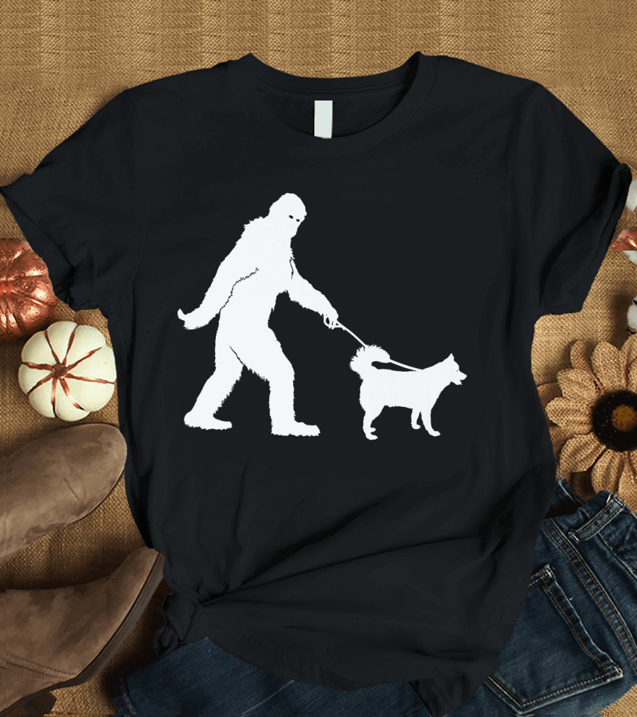Bigfoot Sasquatch Walking Husky Dog Lovers T-Shirt