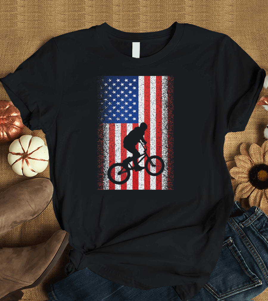 BMX Bike Silhouette on American Flag for 4th of July T-Shirt