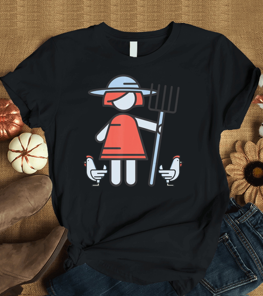 Chicken Lady Farmer Farm Life Husbandry Whimsical Cartoon Style with Pitchfork and Chickens T-Shirt