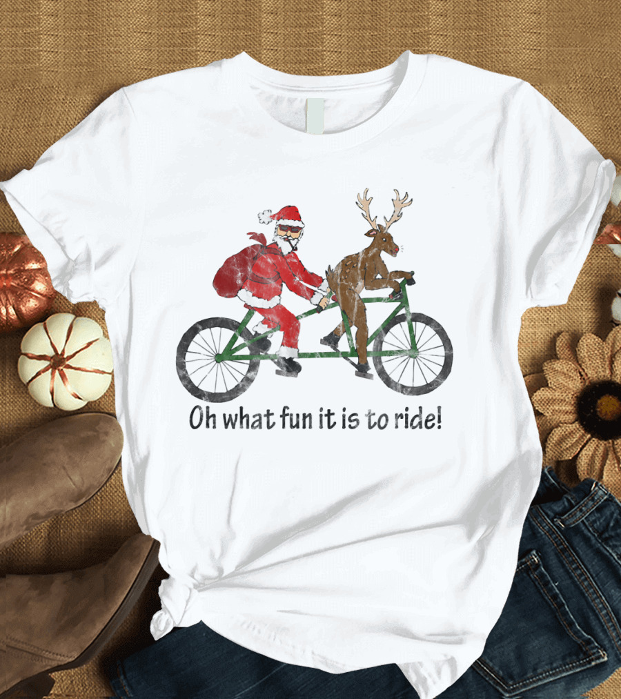 Oh What Fun It Is to Ride Christmas Mountain Biking Hipster Santa T-Shirt