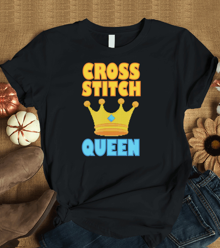 CROSS STITCH QUEEN Needlepoint Embroid Crown T-Shirt