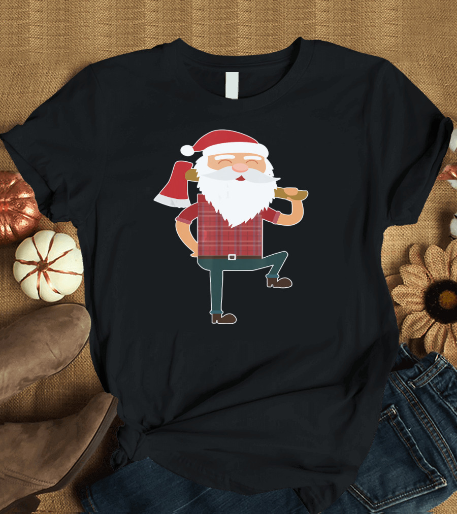 CUTE LUMBERJACK SANTA Funny Ugly Christmas Axe Plaid T-Shirt