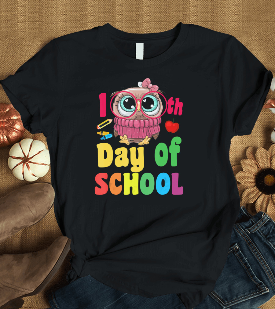 100th Day of School Cute Owl with Glasses and Bow T-Shirt
