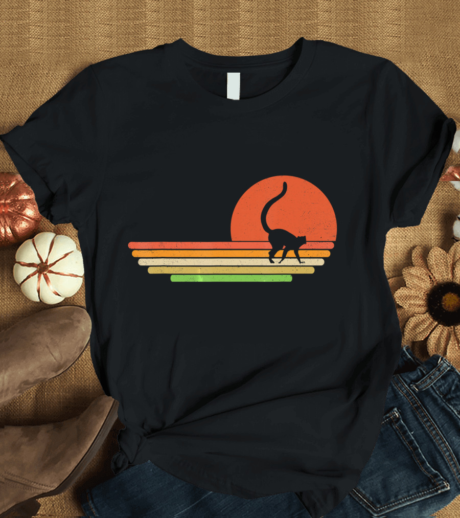 Distressed Lemur Sunset Silhouette Retro Stripes T-Shirt