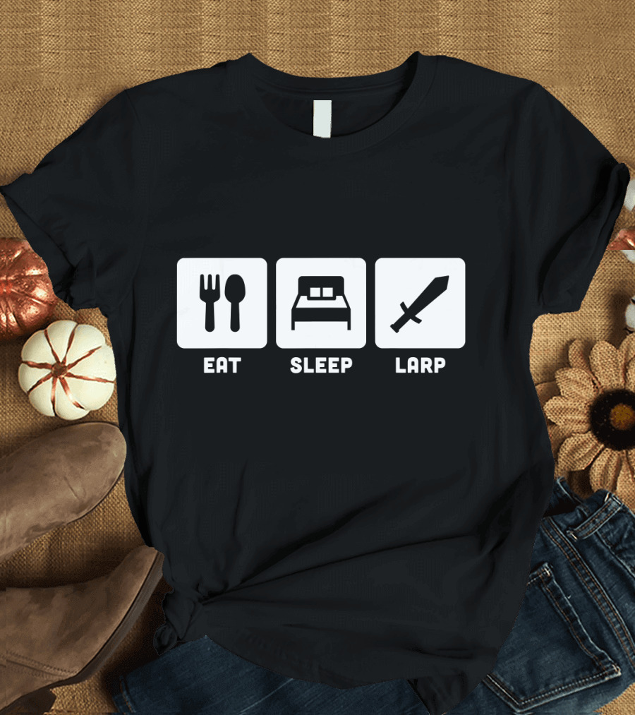 EAT SLEEP LARP Funny LARPing Fork Bed Sword Icons T-Shirt