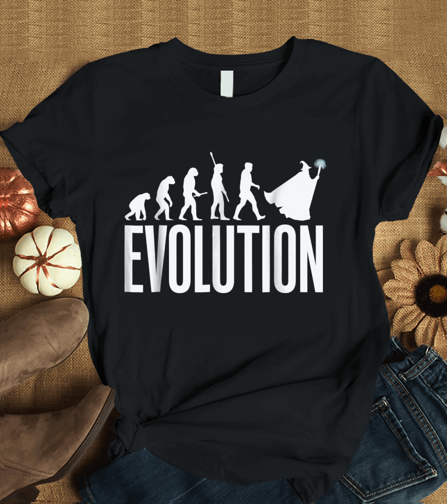 Evolution of a LARP Wizard with Magic Staff and Cloak T-Shirt