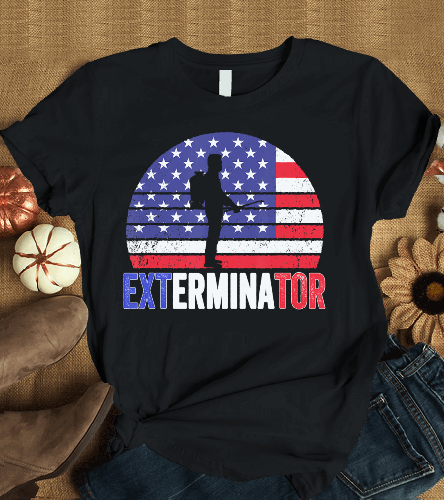 Exterminator American Flag Silhouette 4th of July T-Shirt