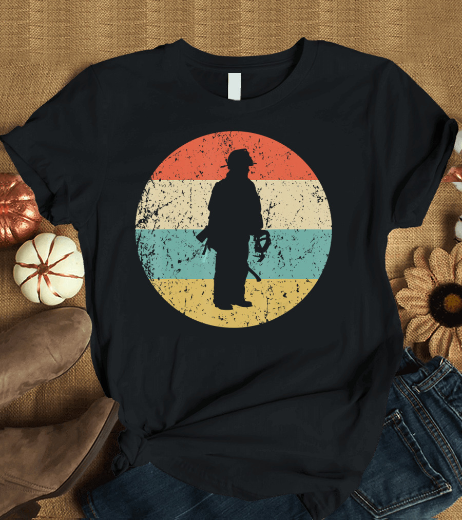 Fireman Silhouette Retro Firefighter Stripes T-Shirt
