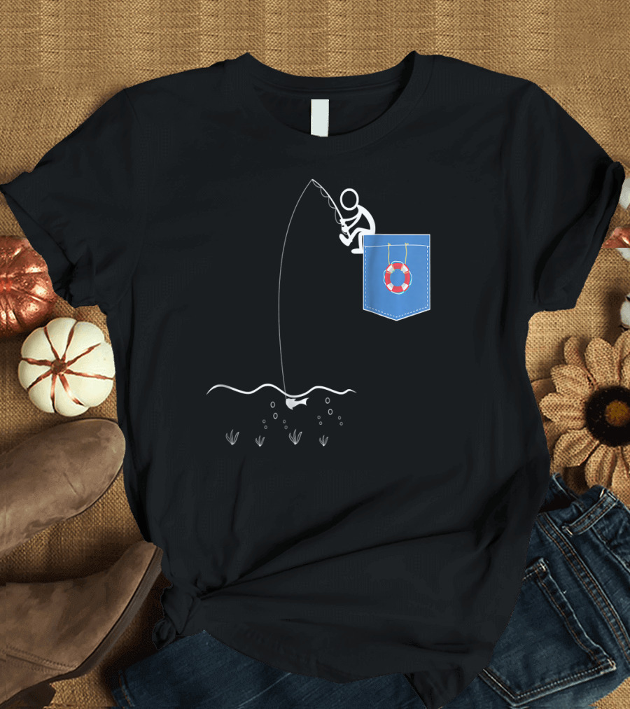 Avid Fishing on a Blue Pocket with Lifebuoy T-Shirt
