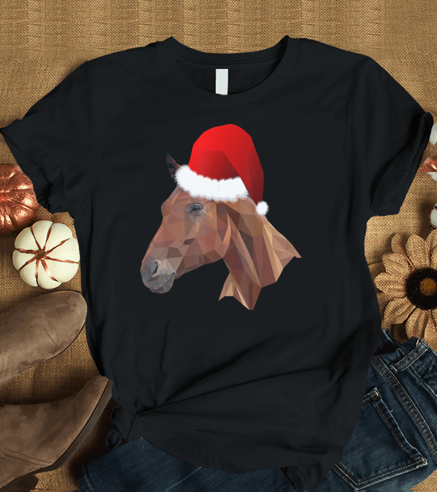 Geometric Horse with Santa Hat Funny Christmas T-Shirt