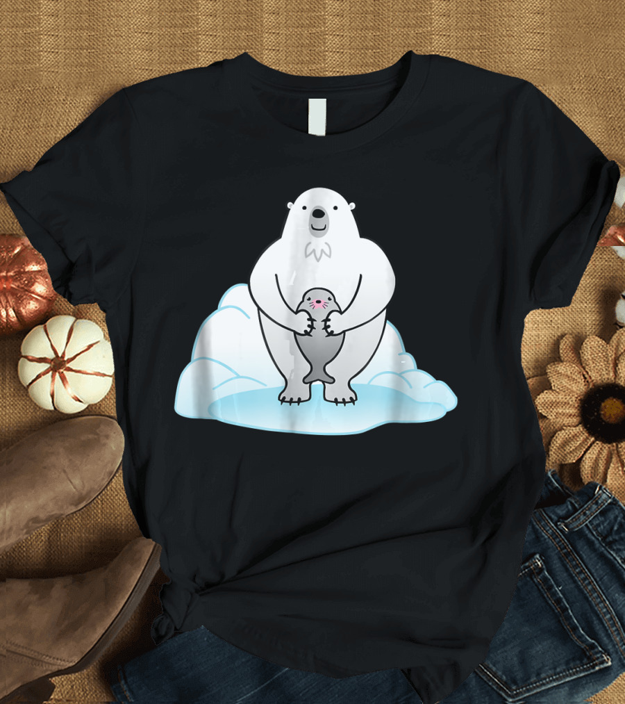 Funny Polar Bear Holding Adorable Seal on Ice Block T-Shirt