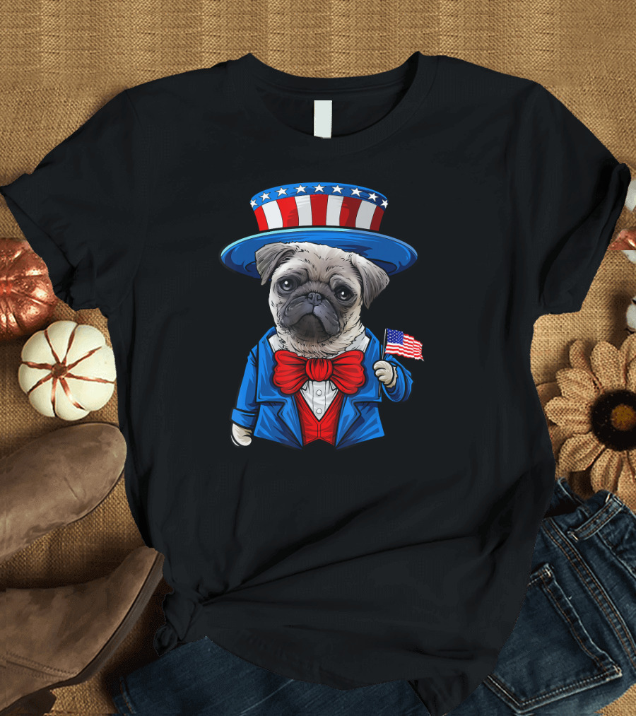 Pug Uncle Sam Patriotic American Flag July 4th Celebration Dog T-Shirt