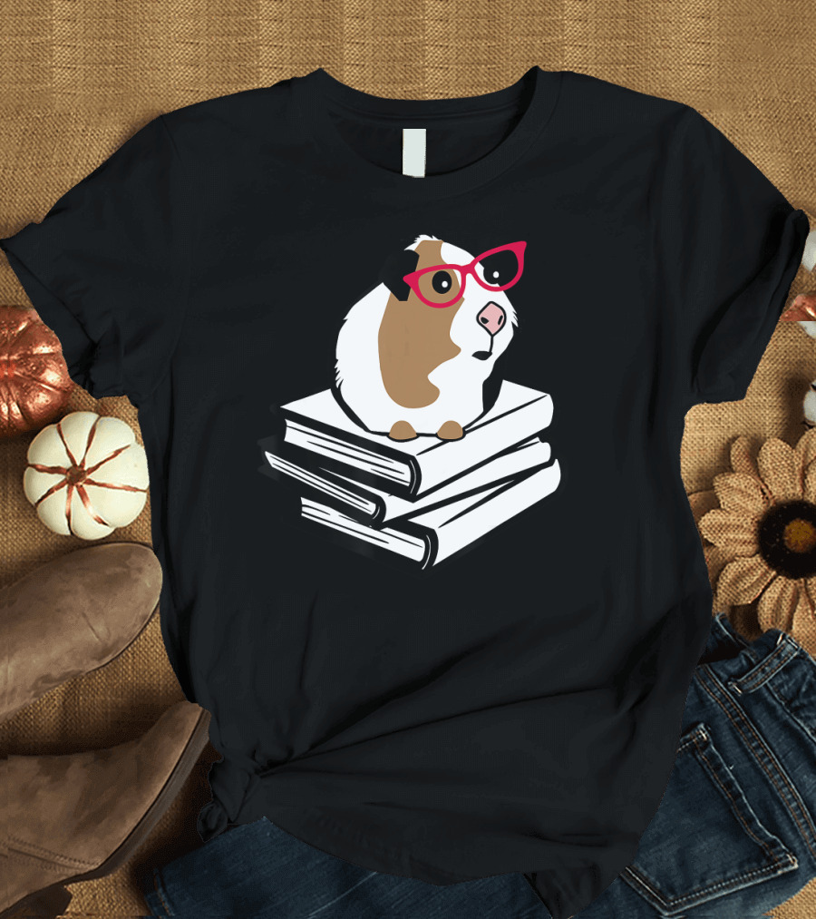 Guinea Pig with Red Glasses on Stacked Books for Nerdy Book Lovers T-Shirt