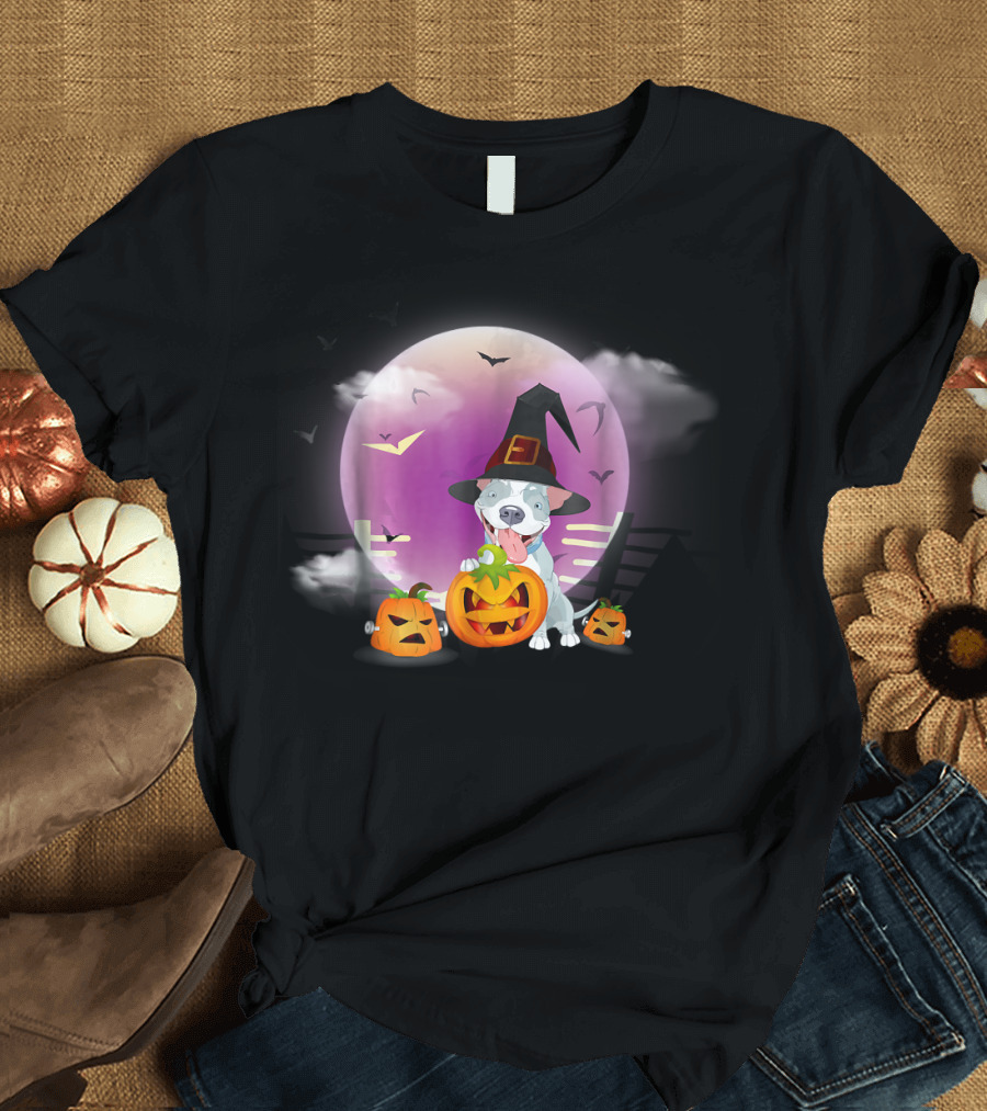 Halloween Pitbull Funny Witch Hat Pumpkins Moon Bats T-Shirt