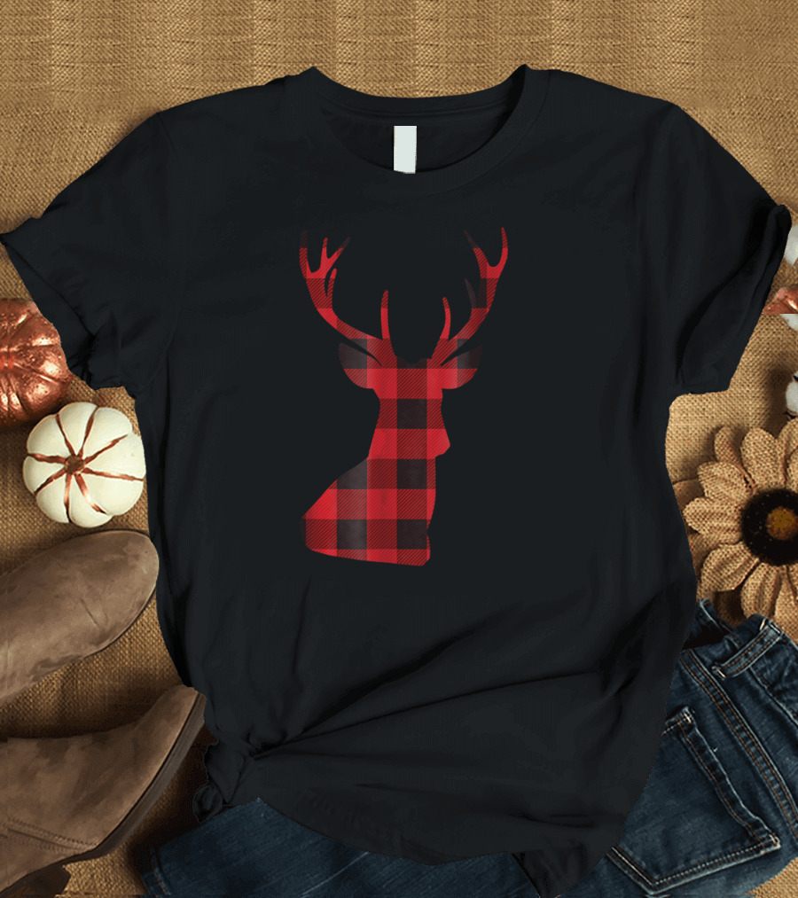 Holiday Christmas Reindeer Deer Buffalo Plaid T-Shirt