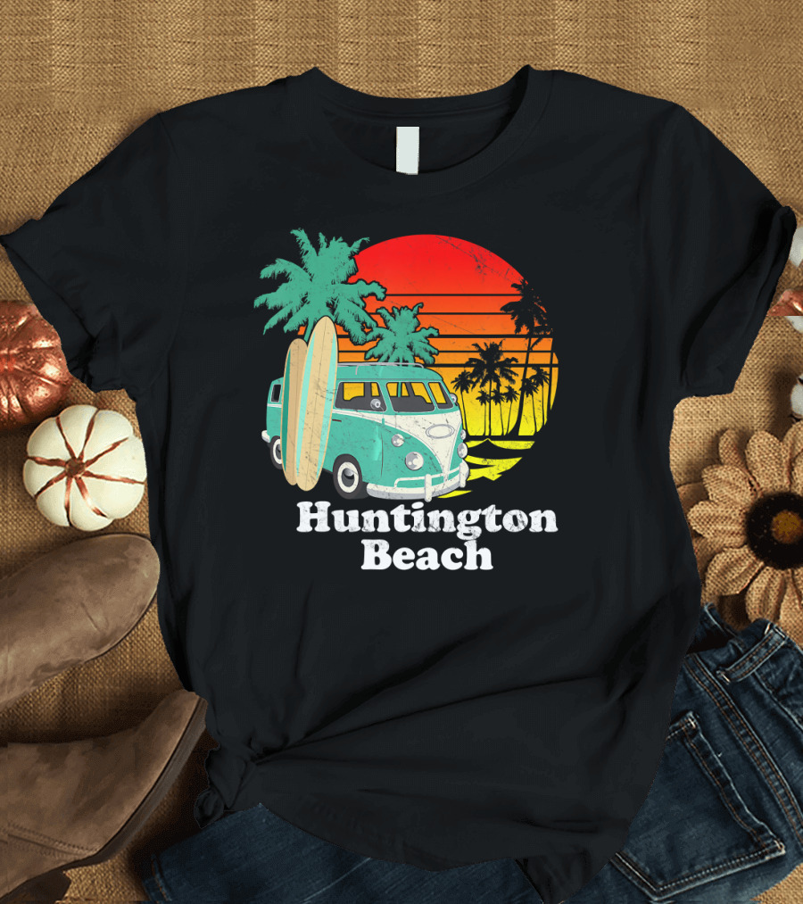 Huntington Beach Retro California Sunset Surf Van with Palm Trees T-Shirt