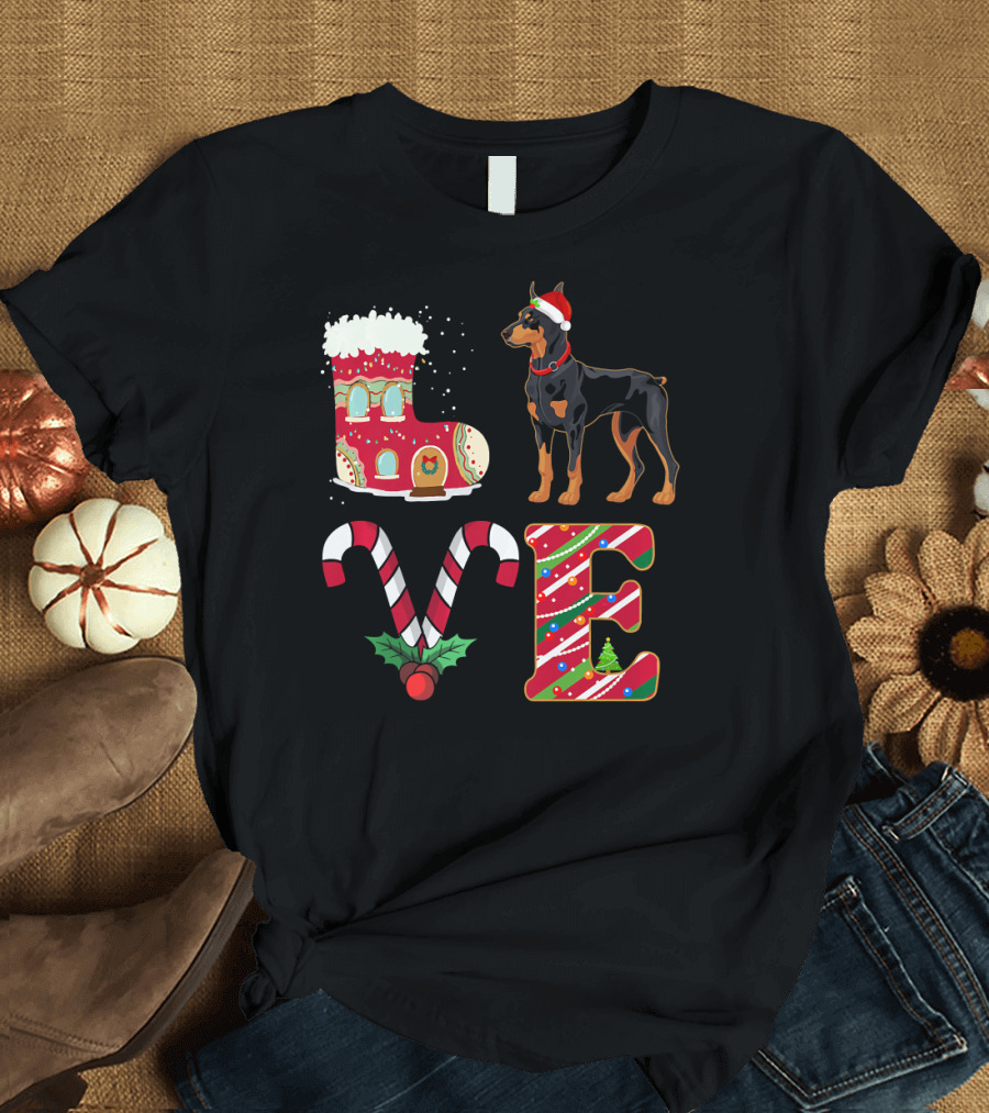 LOVE Christmas Doberman with Santa Hat and Candy Cane Decorations T-Shirt