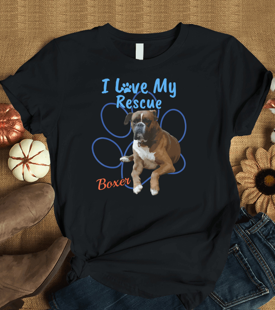 I Love My Rescue Boxer Adopted Dog Pawprint T-Shirt