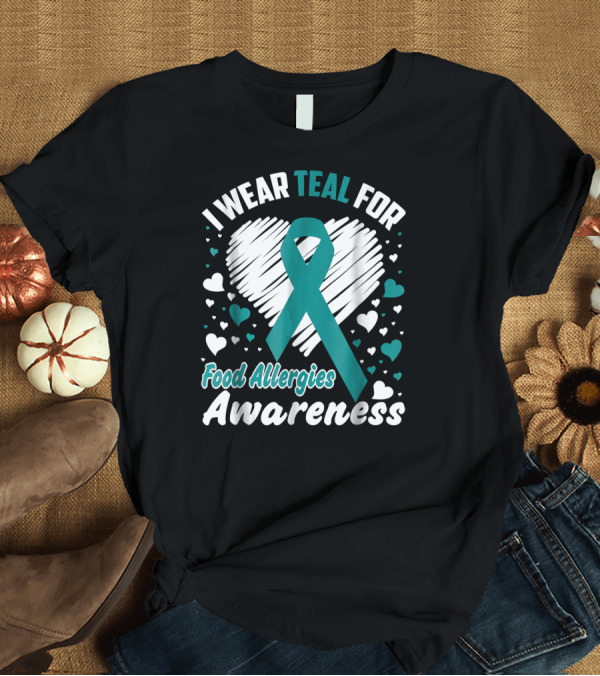 T-Shirt: Teal Ribbon Heart Design for Food Allergies Awareness T-Shirt Teal Ribbon Heart Design for Food Allergies Awareness T-Shirt