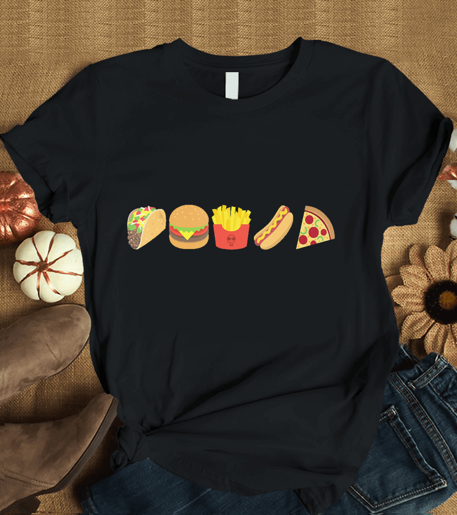 Junk Food Taco Burger Fries Hot Dog Pizza Snack Icons T-Shirt