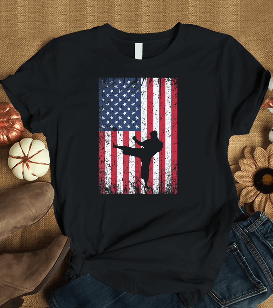 Karate Silhouette American Flag 4th July Independence Day T-Shirt