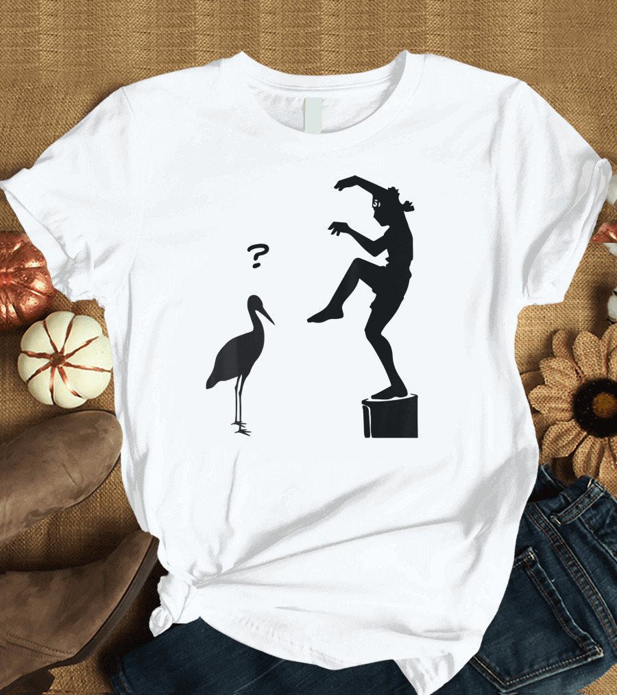 Karate Teen Crane Kick Pose on Pacific Ocean Beach with Surprised Bird T-Shirt