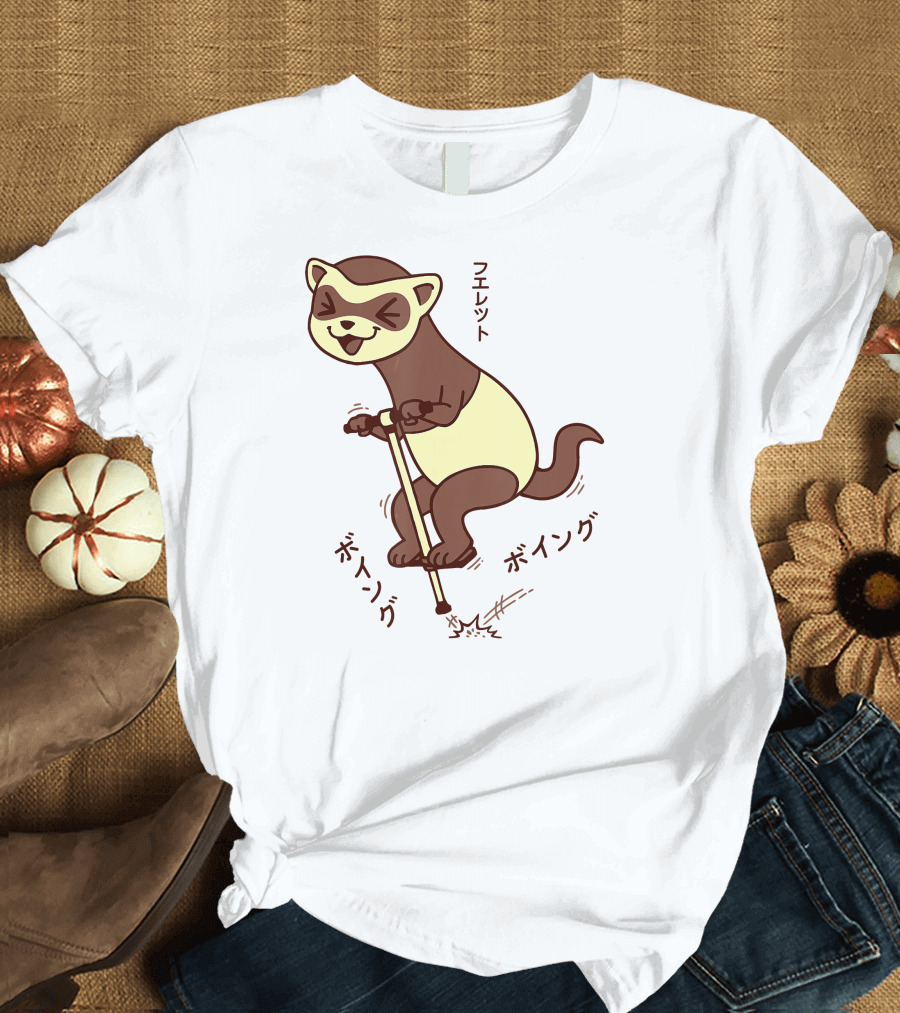 Kawaii Ferret Japanese Boing Pogo Stick Fun T-Shirt