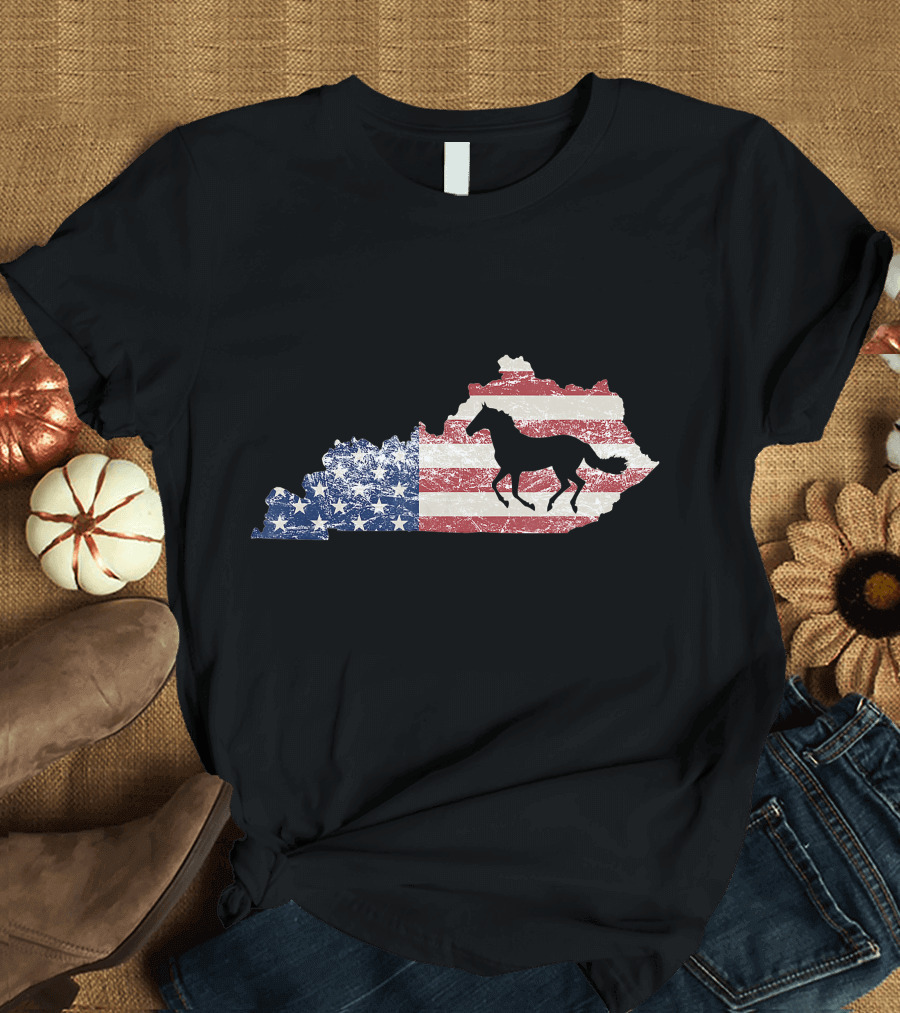 Kentucky Map American Flag Horse T-Shirt