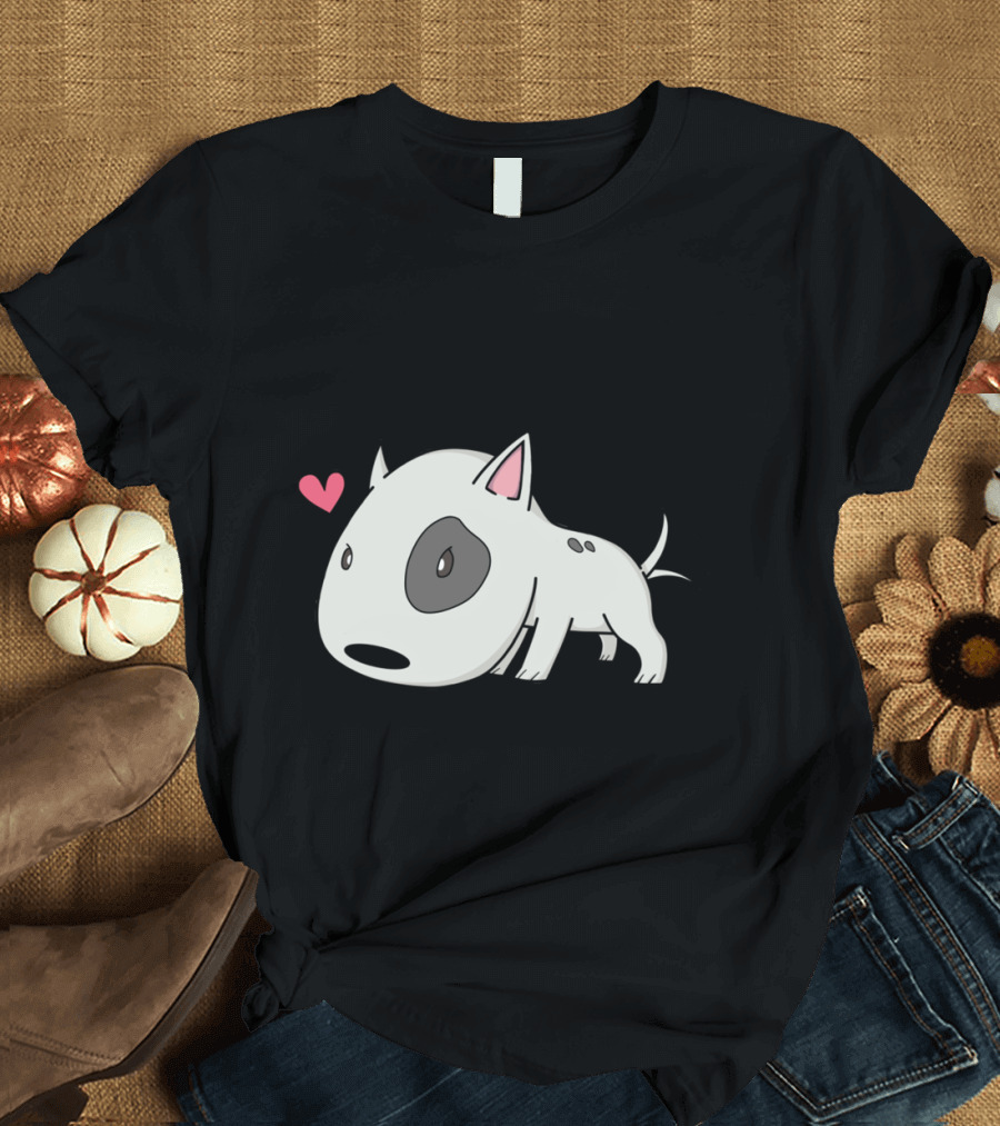 Cute Bull Terrier Cartoon with Heart Icon and Playful Expression T-Shirt
