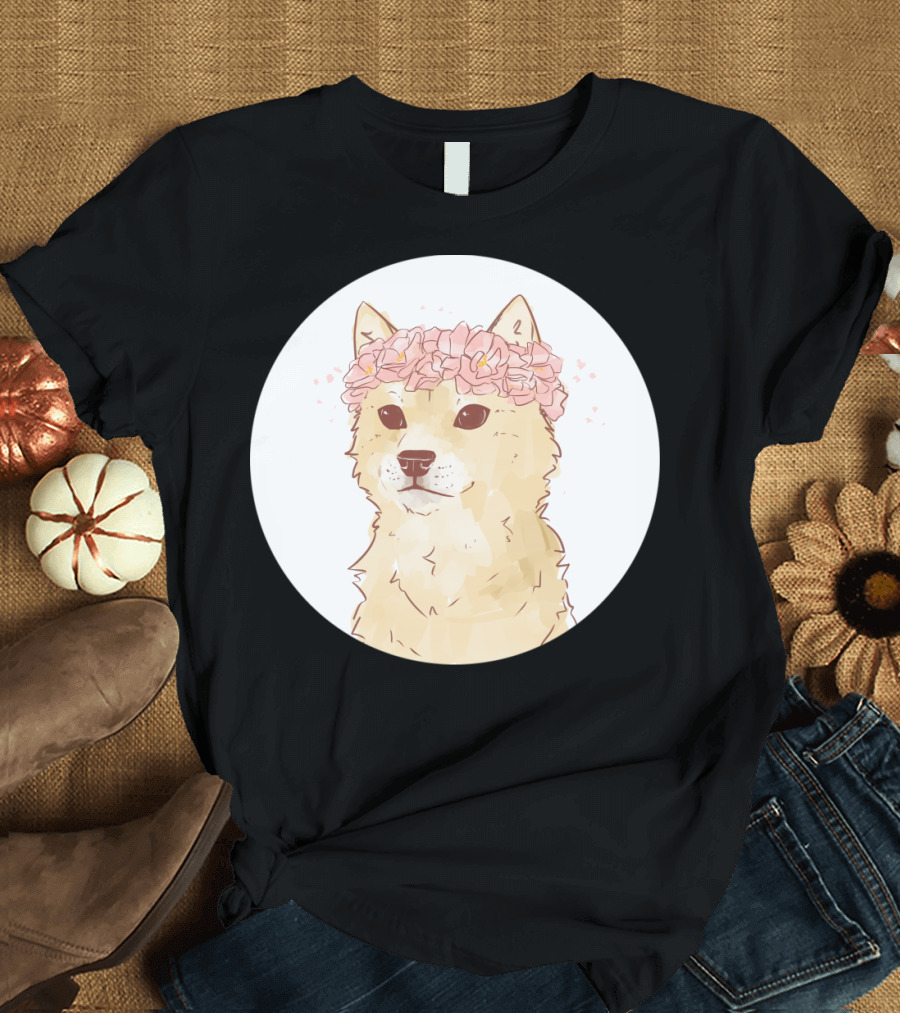 Shiba Inu with Pink Flower Crown in Circular Frame T-Shirt