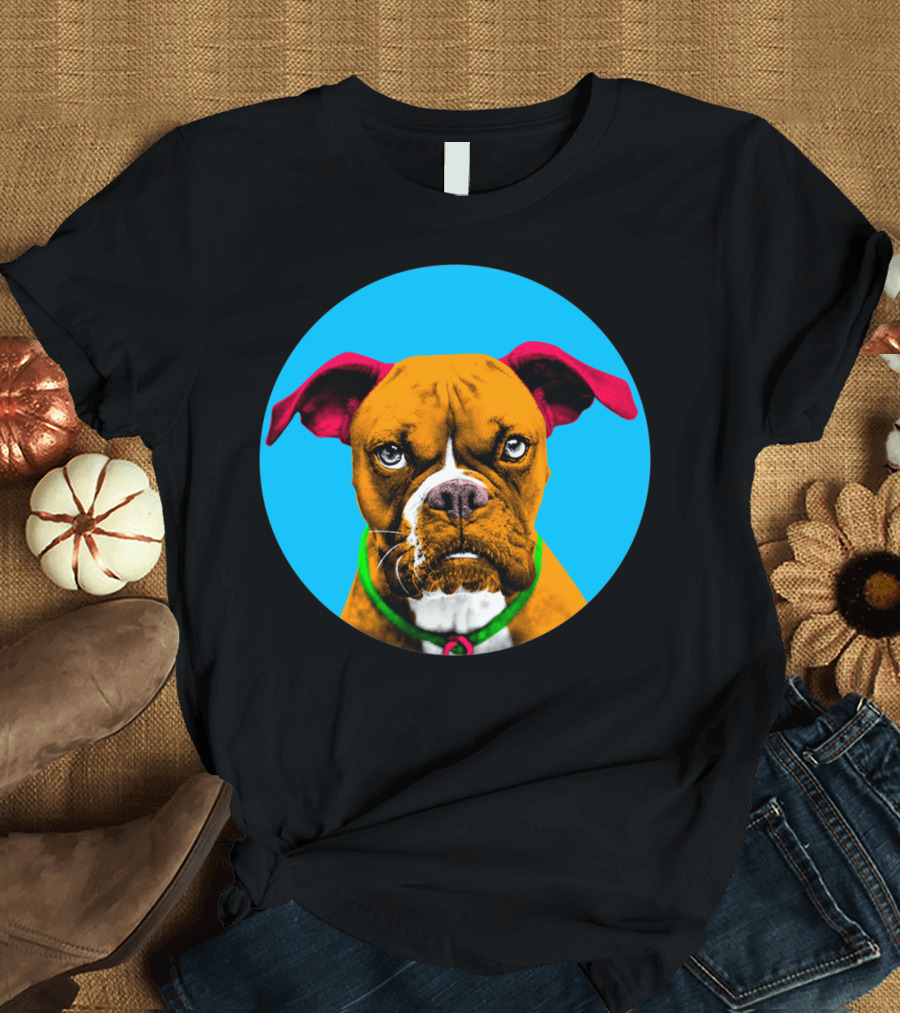 Boxer Dog with Red Ears in Blue Bubble Circle T-Shirt