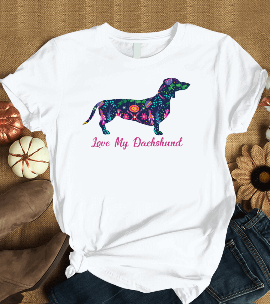 Bright Floral Dachshund Silhouette - Love My Dachshund T-Shirt