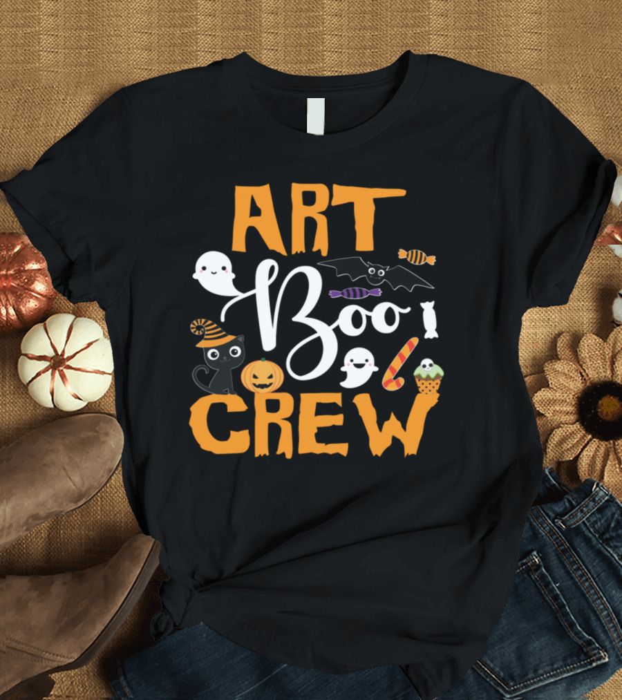 Art Boo Crew Scary Black Cat Pumpkin Candy Ghost T-Shirt