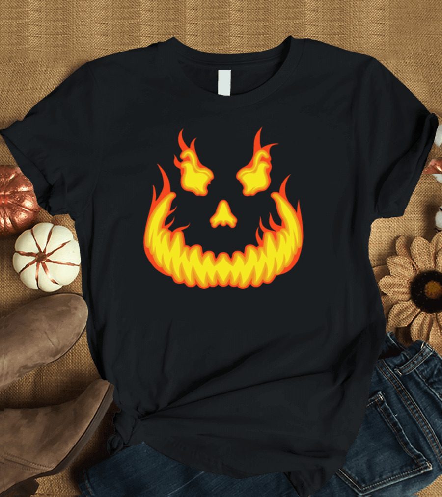 Fiery Pumpkin Evil Smile Scary Jack O'Lantern Face T-Shirt