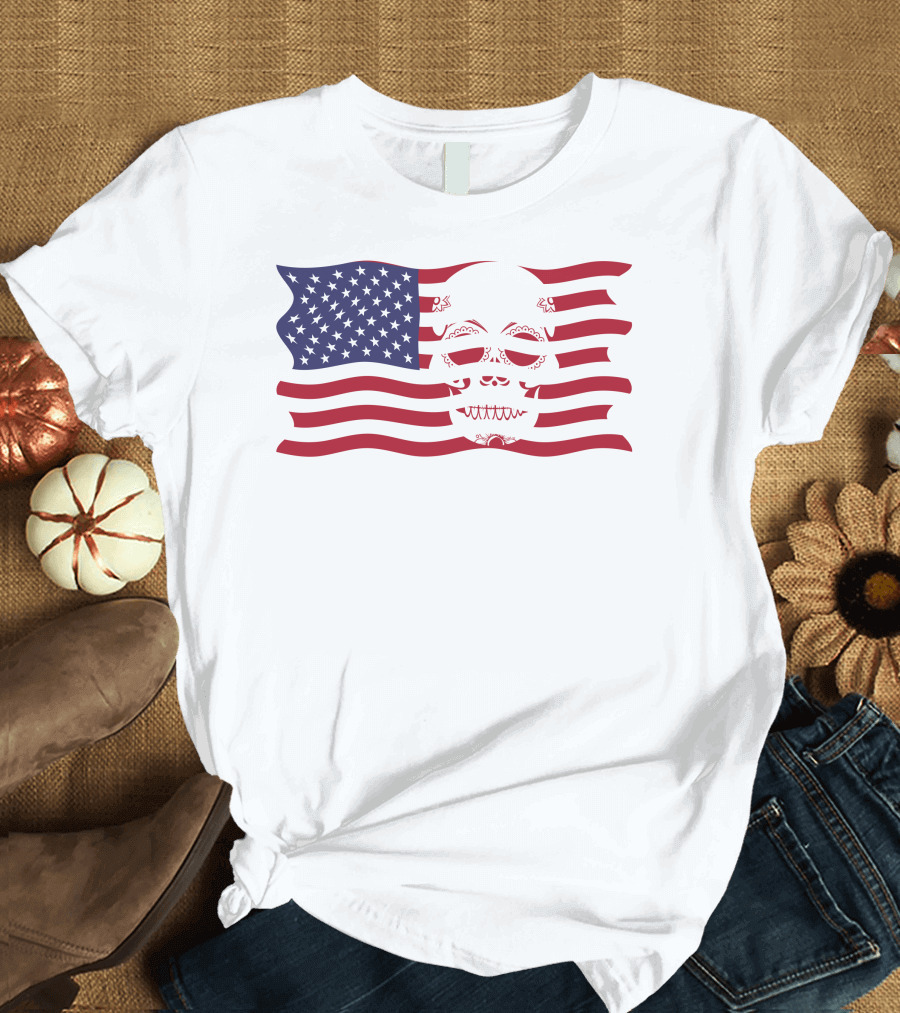 Hold the Line Thin Blue Line Skull USA Flag T-Shirt