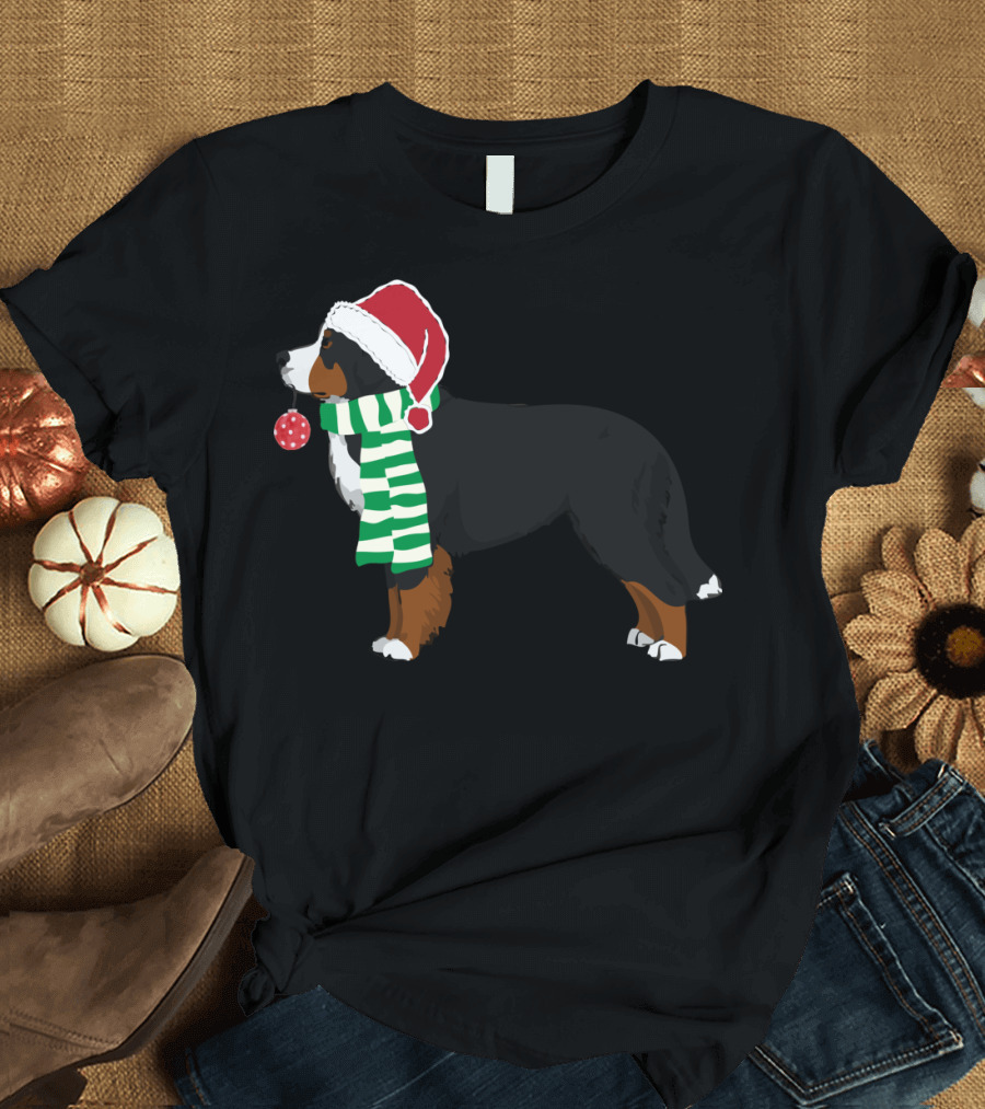 Bernese Mountain Dog in Santa Hat and Scarf Holding Christmas T-Shirt