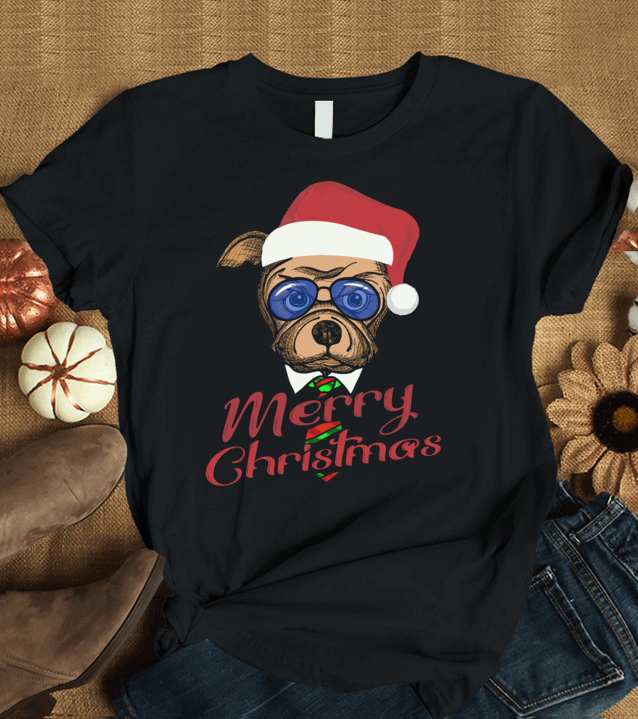 Merry Christmas Santa Dog with Sunglasses and Red Santa Hat T-Shirt