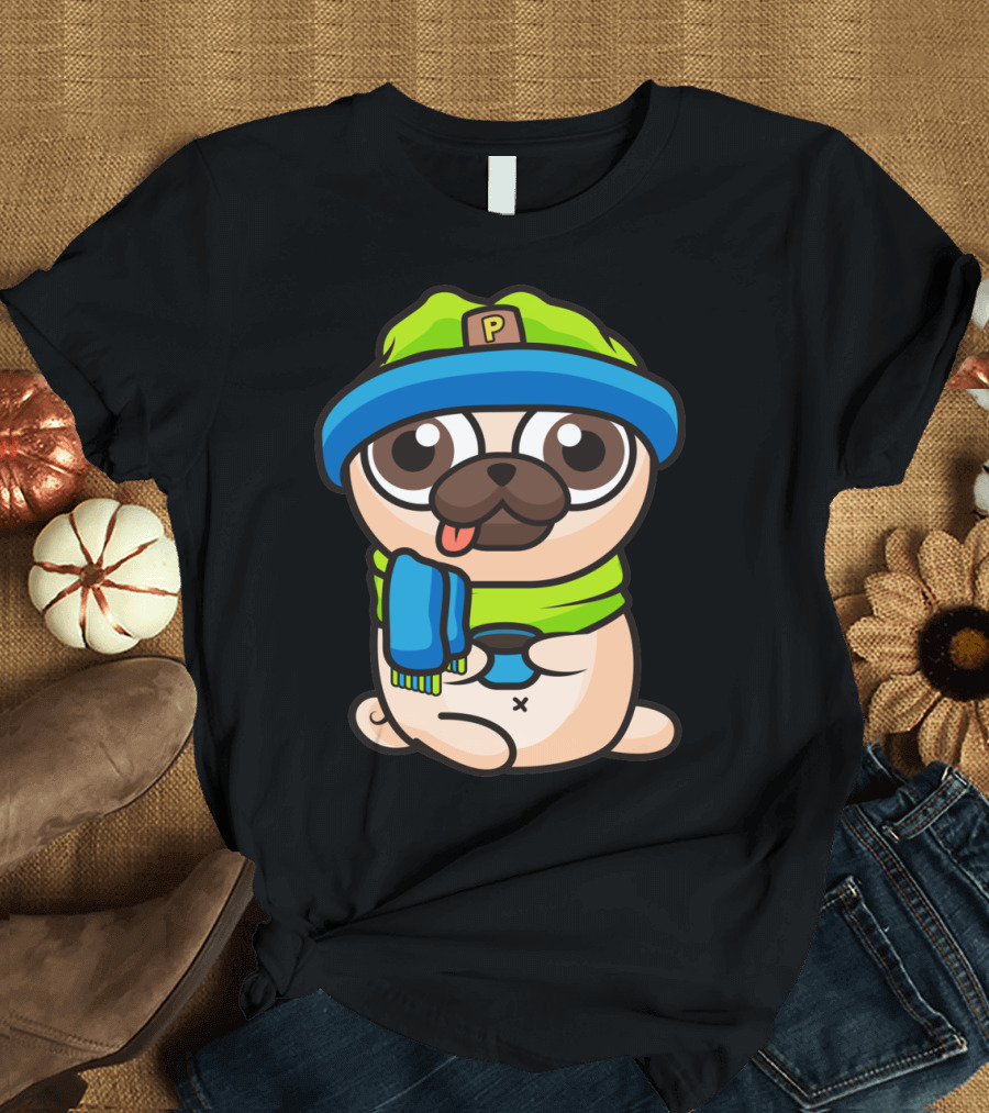 Pug Dog in Cozy Winter Hat and Scarf with Controller T-Shirt