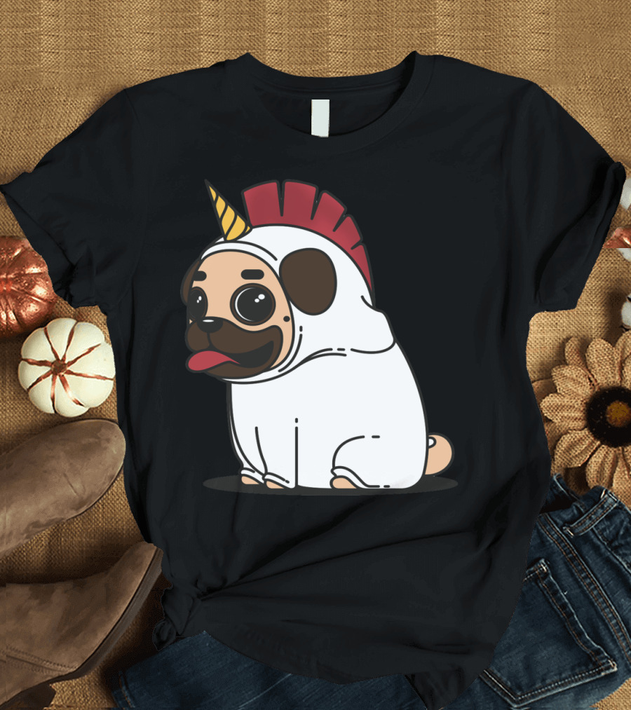 Cute Pug Dog Tandu Unicorn Costume with Red Mohawk T-Shirt