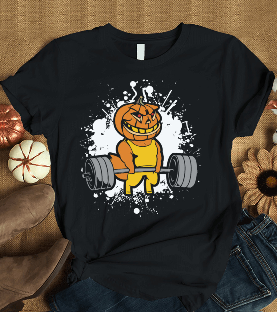 Halloween Pumpkin Weightlifting Gym Workout Character Lifting Barbell T-Shirt