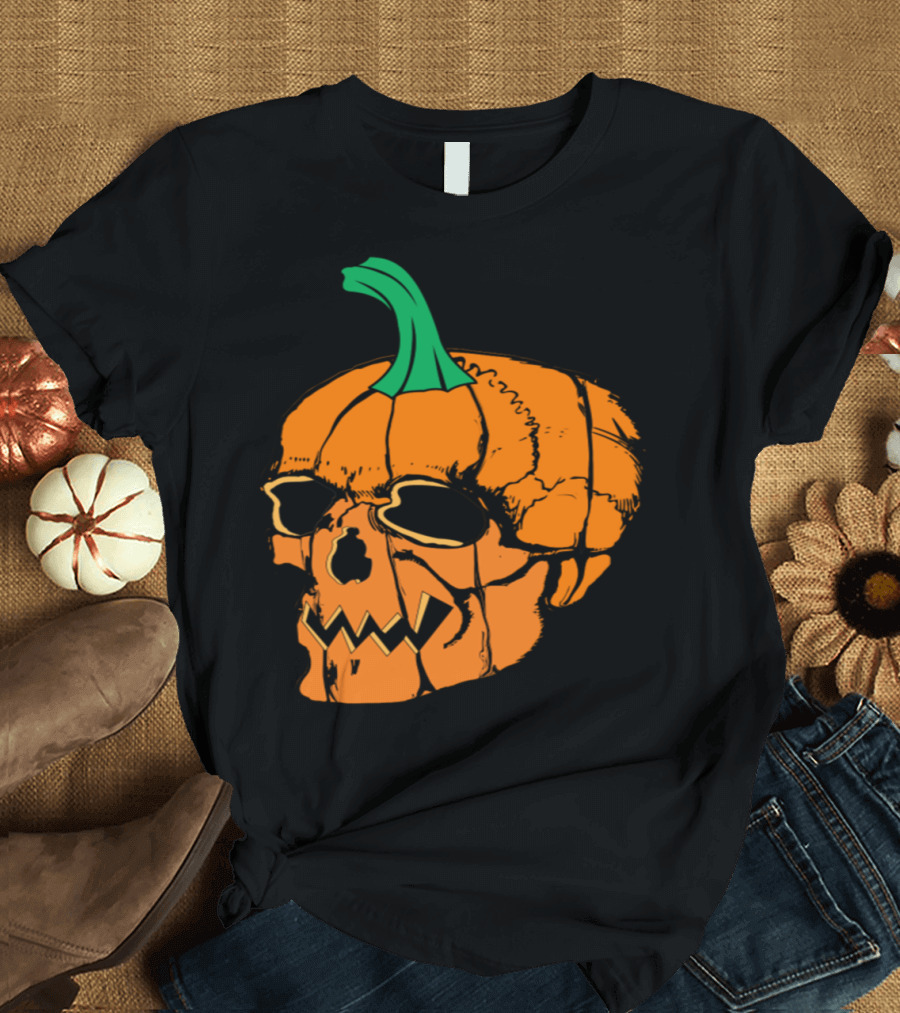 Pumpkin Head Skull Halloween Bones Present Spooky Jack-O'-Lantern Face T-Shirt
