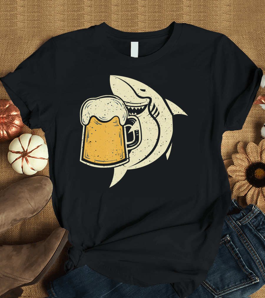 Funny Shark Beer Mug Drinking Shark Drawing T-Shirt