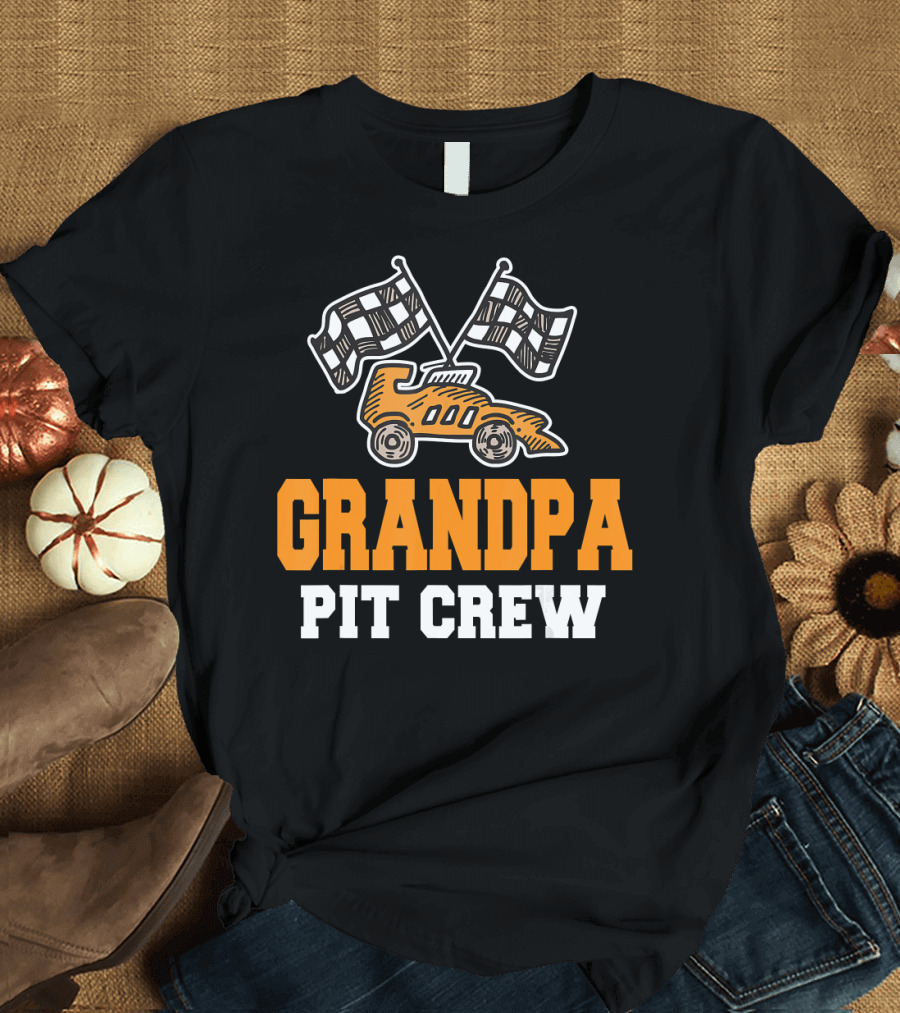 Grandpa Pit Crew Checkered Flag Car Racing T-Shirt