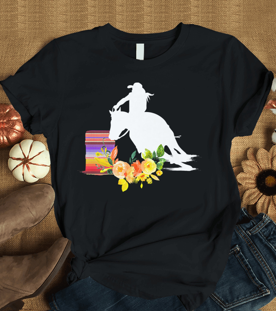 Horse Barrel Racing Cowgirl with Vibrant Floral Accents T-Shirt