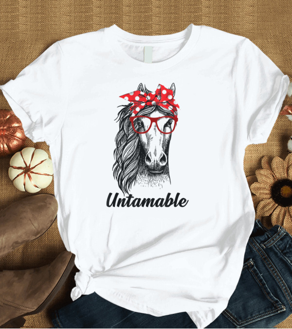 T-Shirt: Untamable Horse with Red Polka Dot Headscarf and Glasses T-Shirt Untamable Horse with Red Polka Dot Headscarf and Glasses T-Shirt