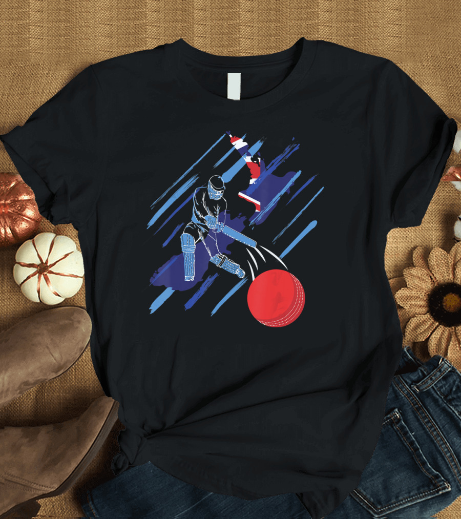 New Zealand Cricket Enthusiast Batting Action with Map and Ball T-Shirt